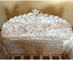 Mughal Garden Hand Carved Cream Percentage Finish Daybed Carved Bench Seat