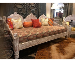 Mughal Garden Hand Carved Light Percentage Finish Daybed Carved Bench