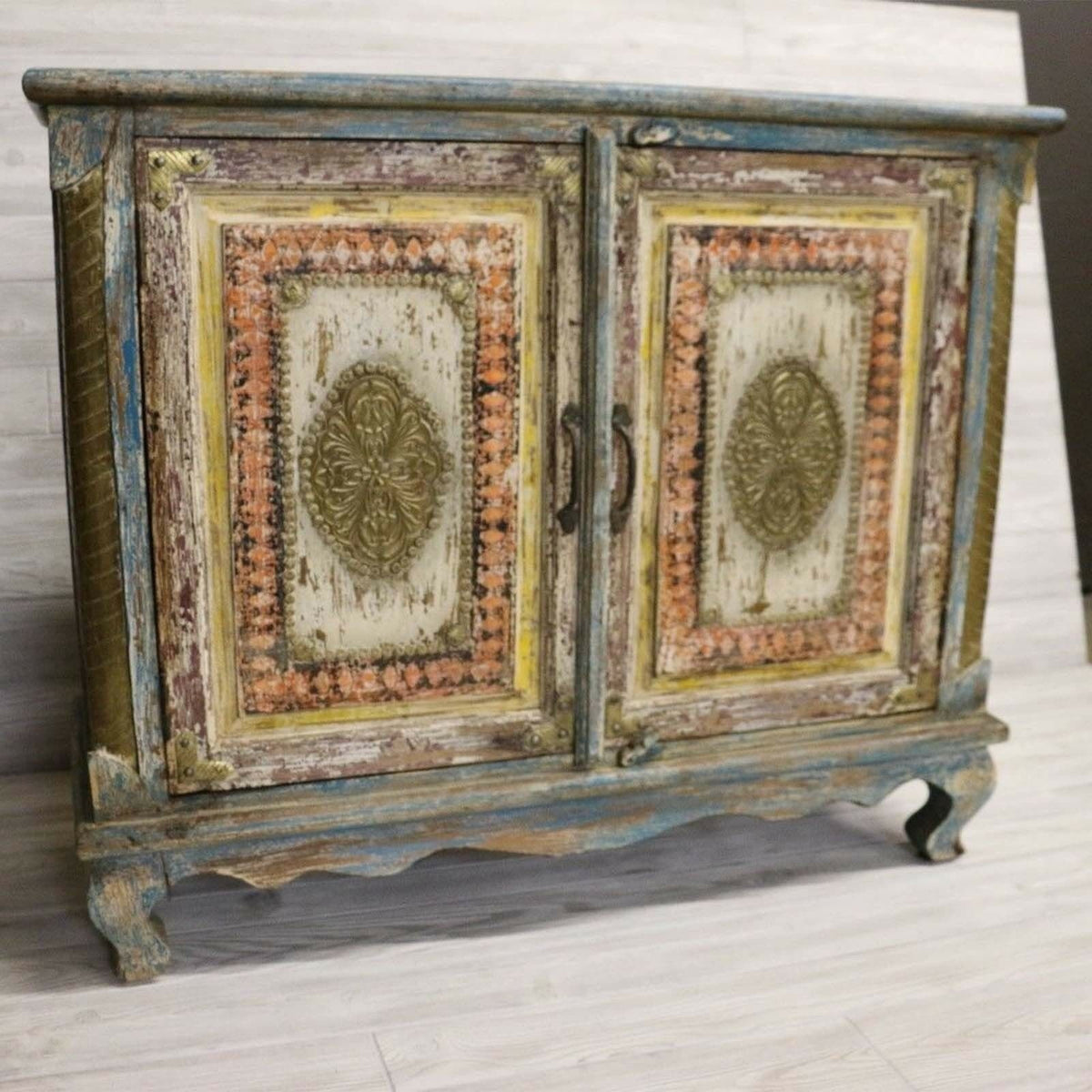 Antique Floral Carved wood Multi-Colored Sideboard