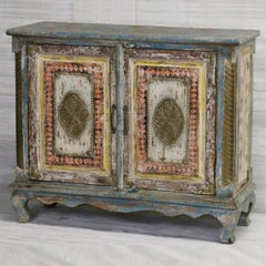 Antique Floral Carved wood Multi-Colored Sideboard