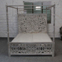 Dynasty Hand Carved Indian Wooden 4 Post Bed Frame White QUEEN