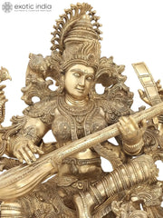 Indian Lord Goddess Sarasvati Brass Statue