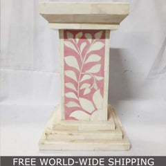 Real Bone Inlay Designer Pillar Vintage Candle Stand Holder Pink