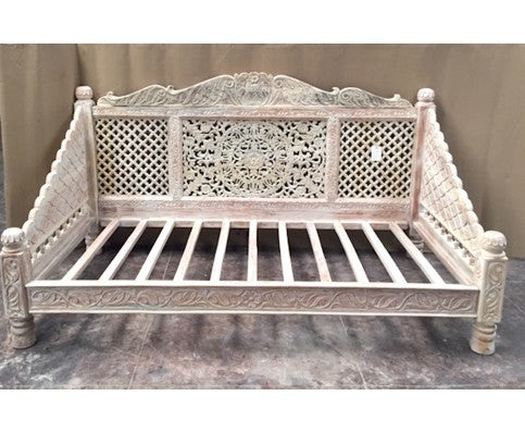 Mughal Garden Hand Carved Cream Finish Lotus Daybed