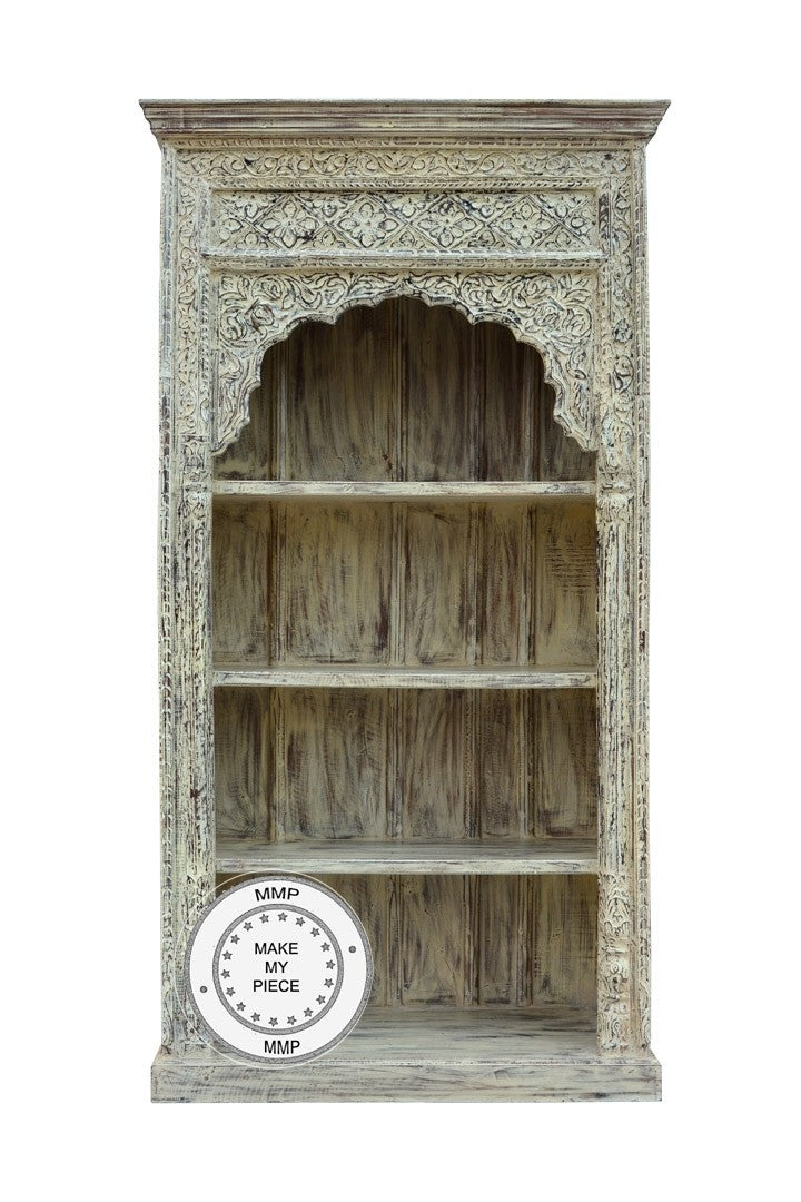 Mehrab Hand Carved Indian Wood Carved Open Bookshelf Whitewash