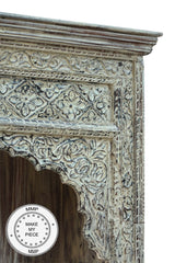 Mehrab Hand Carved Indian Wood Carved Open Bookshelf Whitewash