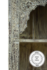 Mehrab Hand Carved Indian Wood Carved Open Bookshelf Whitewash