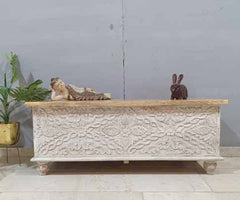 Indian Antique Tribal Hand Carved Wooden Blanket Box Whitewash 115x40x45Cm