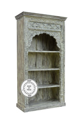 Mehrab Hand Carved Indian Wood Carved Open Bookshelf Whitewash