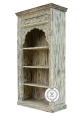 Mehrab Hand Carved Indian Wood Carved Open Bookshelf Whitewash