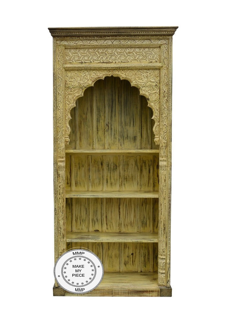 Mehrab Hand Carved Indian Wood Carved Open Bookshelf Yellow 110x45x230cm