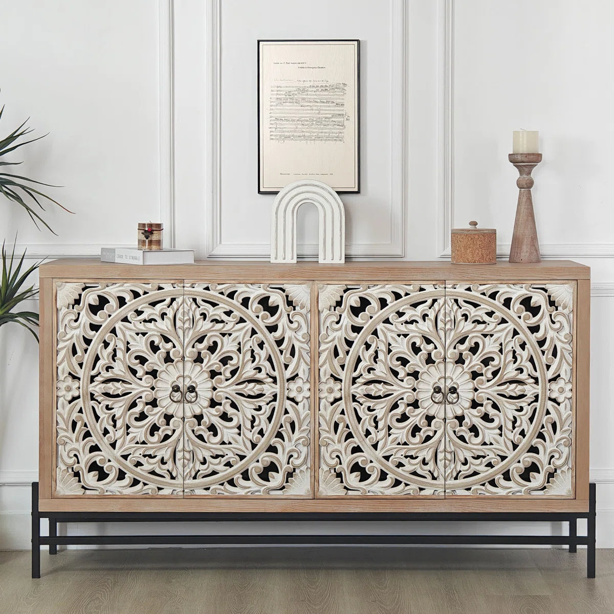 Indian Handmade Carved Mandala Solid Wood Sideboard