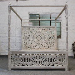 Dynasty Hand Carved Indian Wooden 4 Post Bed Frame White QUEEN