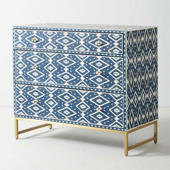 Maaya Bone inlay Blue Diamond Chest of 3 Drawers Dresser