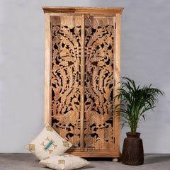 Kalah Solid Mango Wood Indian Hand Carved Wardrobe Cabinet Almirah Antique style Pantry Painted V02  -  