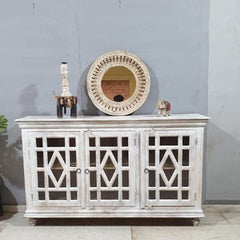 Indian Furniture Handmade Solid Wood Sideboard White Rustic Carved Jali Doors 150x45x90Cm