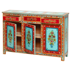 Mughal Hand Painted Solid Wood Buffet Sideboard With 3 Drawers