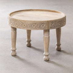 Indian Hand Carved Solid Mango Wood Round Coffee Table Natural C118