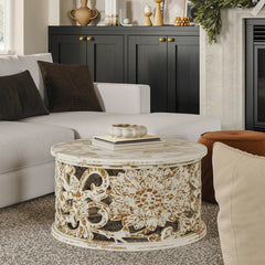 Pine Grove Handcrafted Mango Wood Carved Round Coffee Table Rustic White