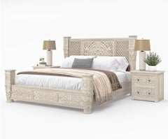 Hand Carved Solid Wooden King Sized Bed in White