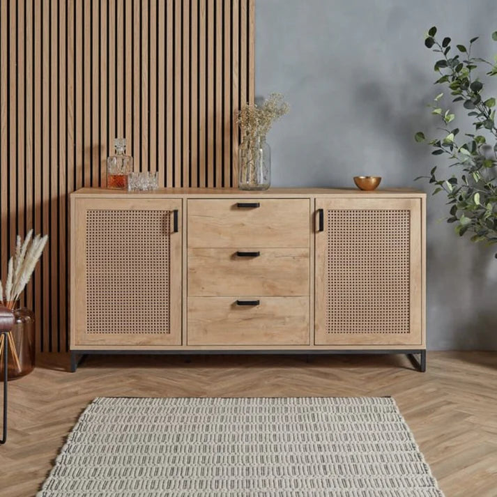 Rattan Elegance Series Mango Wood Cane 2Doors Sideboard With Drawers