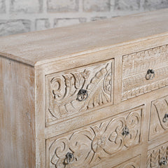 Indian Handmade Carved Solid Wood Drawer Sideboard Whitewash