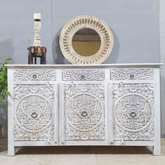 Indian Furniture Handmade Solid Wood Sideboard 3 Drawers &amp; 3 Doors Carved Whitewash