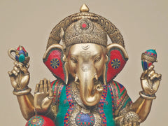 Indian Lord Ganesha Handmade Brass Statue With Inlay Work