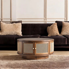 Rattan Elegance Series Solid Wood Round Shape With Rattan Cane Work Coffee Table C105