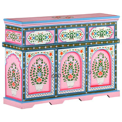 Indian Hand Painted Solid Wood Sideboard In Multicolour