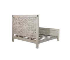 Indian Hand Carved Solid Wood Bed Frame Whitewash 03