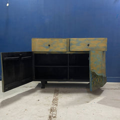 Indian Hand Carved Solid Wooden Old Door Buffet Cabinet Painted Sideboard 120x37x80cm