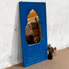 Handcrafted Indian Furniture Carved Wooden Wall Lining Mirror Frame Blue 80x50x150Cm