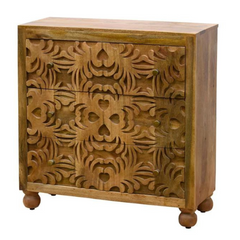 Carved Oasis Hand Carved Solid Mango Wood Floral Carvings Chest of Drawers Natural