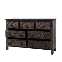 Carved Oasis Hand Carved Solid Mango Wood Floral Carvings Chest of Drawers Dark Brown