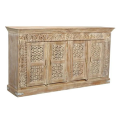 Carved Oasis Hand Carved Solid Mango Wood 4 Doors Sideboard Rustic White