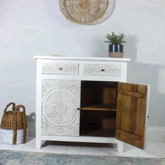 Carved Oasis Hand Carved Solid Mango Wood 2 Doors 2 Drawers Cabinet in All White