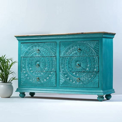 Carved Oasis Hand Carved Solid Mango Wood Chest of Drawers in Blue