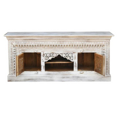 Carved Oasis Hand Carved Solid Mango Wood Mehrab Style TV Unit in Distressed White