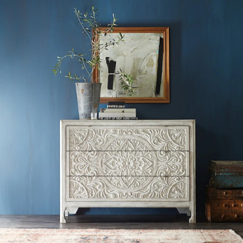 Carved Oasis Hand Carved Solid Mango Wood Carvings Chest of Drawers in All White