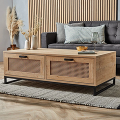 Rattan Elegance Series Mango Wood Cane Round Coffee Table With Drawers