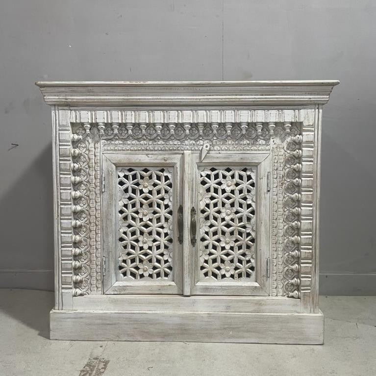 Indian Hand Carved Solid Wooden Old Door Buffet Cabinet Sideboard White Wash 100x40x90cm