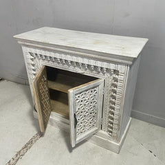 Indian Hand Carved Solid Wooden Old Door Buffet Cabinet Sideboard White Wash 100x40x90cm