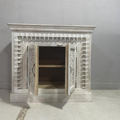 Indian Hand Carved Solid Wooden Old Door Buffet Cabinet Sideboard White Wash 100x40x90cm