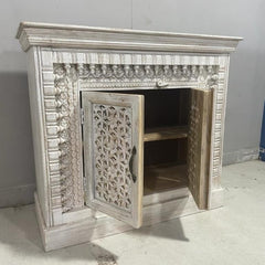 Indian Hand Carved Solid Wooden Old Door Buffet Cabinet Sideboard White Wash 100x40x90cm