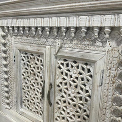 Indian Hand Carved Solid Wooden Old Door Buffet Cabinet Sideboard White Wash 100x40x90cm