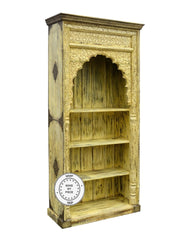 Mehrab Hand Carved Indian Wood Carved Open Bookshelf Yellow 110x45x230cm