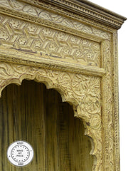 Mehrab Hand Carved Indian Wood Carved Open Bookshelf Yellow 110x45x230cm