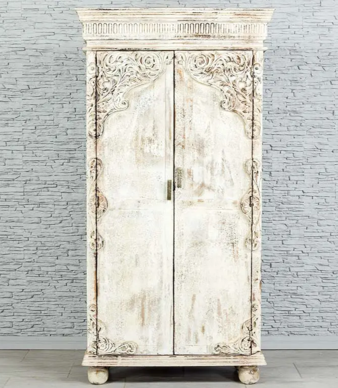 Antique Indian Hand Mughal Carved Solid Wooden Cabinet 2 Door Whitewash 100x43x190cm A009