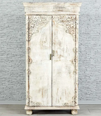 Antique Indian Hand Mughal Carved Solid Wooden Cabinet 2 Door Whitewash 100x43x190cm A009